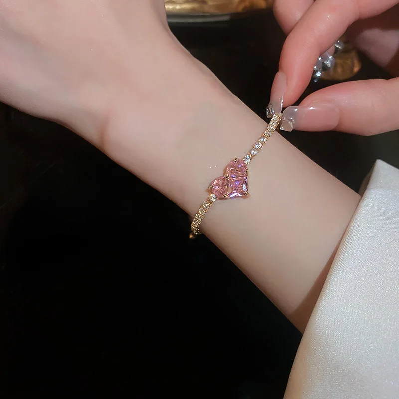 1pcs Hot Selling Fashionable high-end Sense Pink Peach Heart Bracelet With Zircon Drawstring Adjustable Hand Accessories