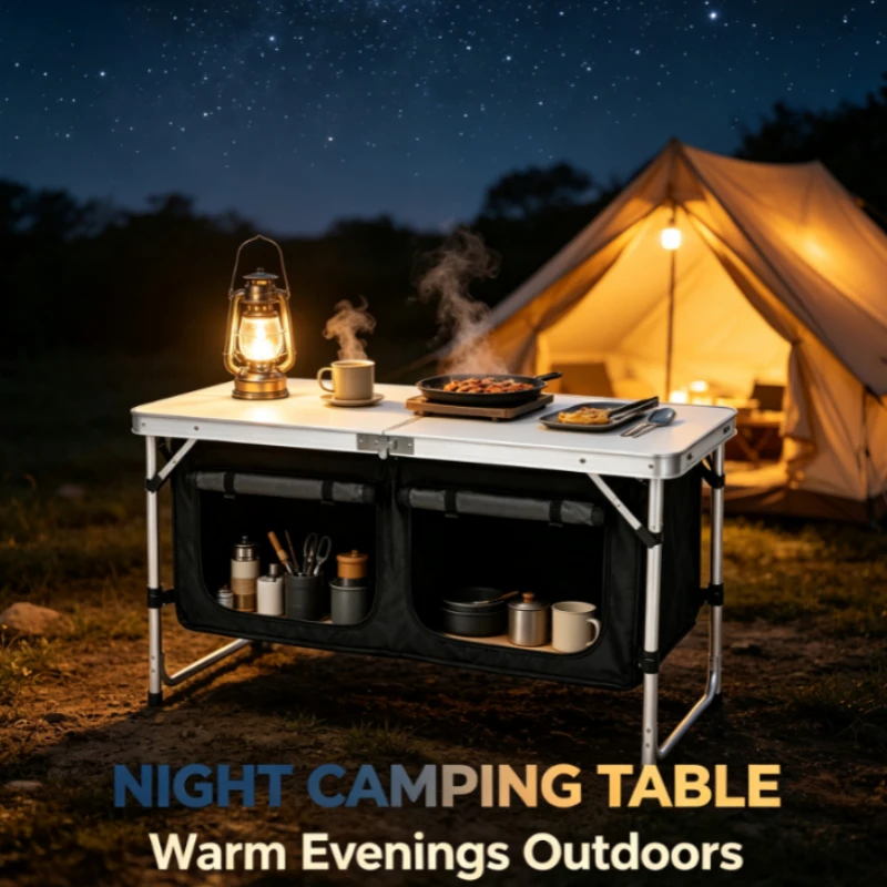 シルバーアルミ製折りたたみ式キャンプテーブル、二つの収納コン - Outdoor Camping Kitchen Setup のレビューと価格