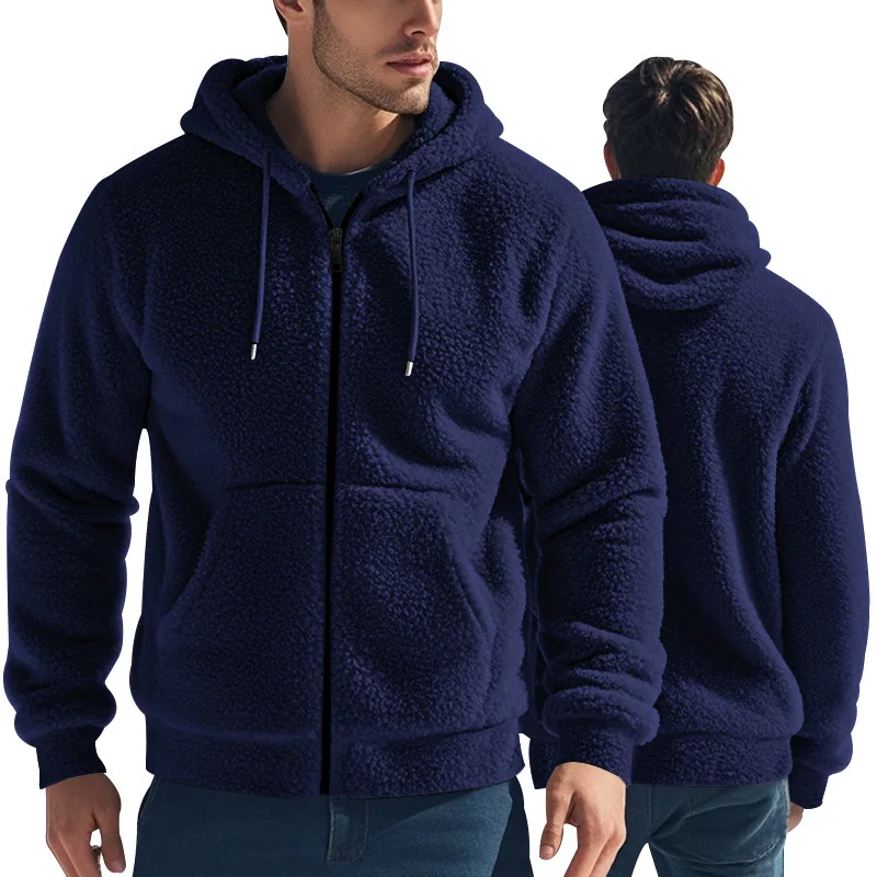 American Winter Men's Thickened Warm Double-Sided Fleece Coat Loose Zip Cardigan Casual Hooded Jacket