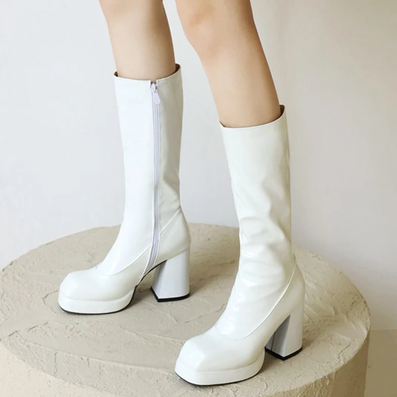 

Platform Women‘s High Knee Boots Autumn Winter Patent Leather Knee High Boot Female Waterproof Heel White Red Party Fetish Shoes