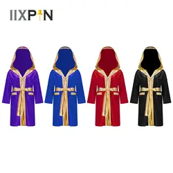 Girls Boys Boxing Robe Halloween Party Cosplay Boxer Costumes Long Sleeve Open Front Metallic Trim Satin Hooded Cloak with Belt
