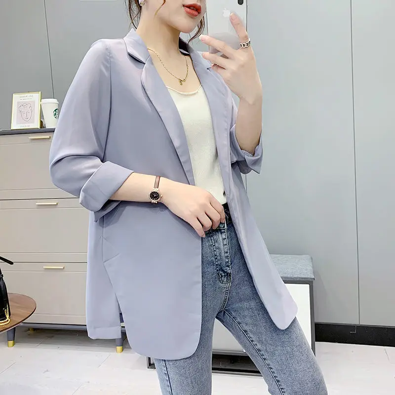 Solid Color Notched Korean Formal Office Lady Fashion Casual Blazers Spring Summer Thin Women\'s Clothing 2023 Tops Dignified