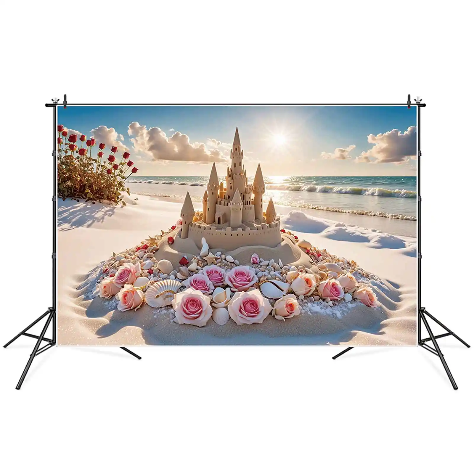 MOON.QG Sandcastle Beach Holiday Photography Backdrop Boy Seaside Summer Party Photo Background Custom Wave Shell Studio Props