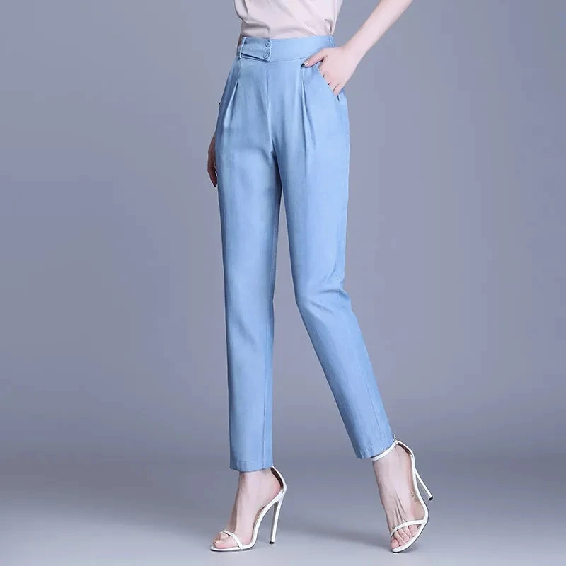 Ice Silk Cowboy Pants Women Spring Summer New Casual Pants Female Ankle-Length Pants Ladies Tall Waist Pencil Harlan Pants