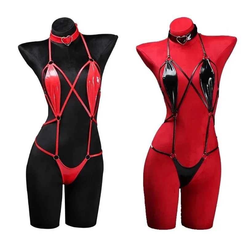 Anime Cosplay Girls Halter Leather Swimsuit Cross Straps Bandage Jumpsuit Bodysuit Lingerie Costumes Hollow Out Pajamas