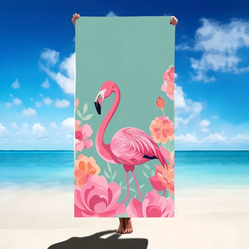 Toalla de playa con estampado floral tropical de flamencos rosas sobre base verde, toalla de secado rápido resistente a la arena, manta de viaje para vacaciones de verano