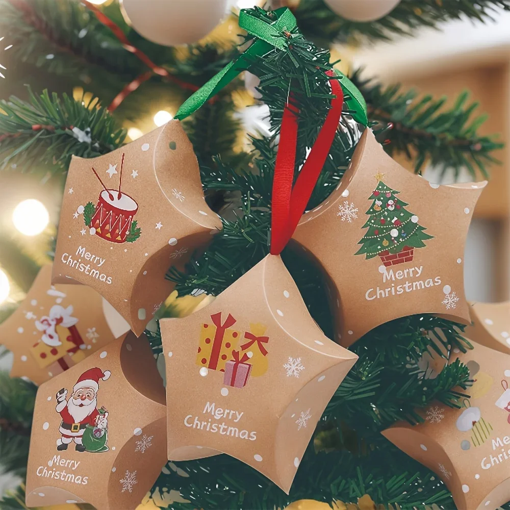 16Pcs Christmas Star Shaped Kraft Candy Boxes with Ribbon, Merry Christmas Print Treat Goodie Boxes for Xmas Party Favor
