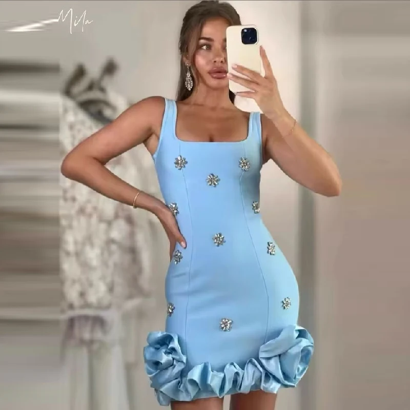 

Crystal Floral vestidos de fiesta Square Collar Mini Prom Dresses 3D Flower Customized Zip Luxurious Women Evening Dresses