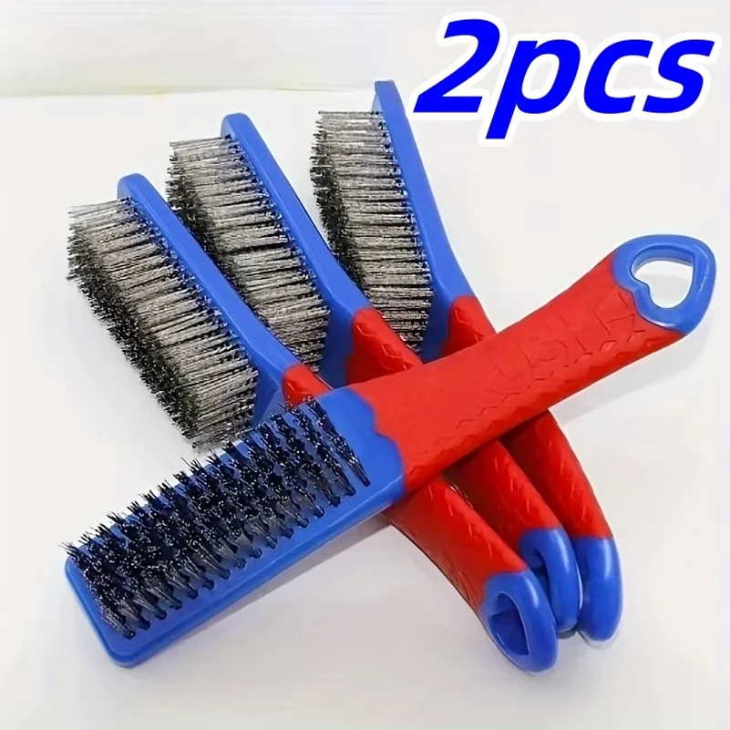 2pcs Heavy Duty Stainless Steel Wire Brush - Non-Slip Plastic Handle for Rust, Paint & Welding Slag Removal, Industrial Cleaning