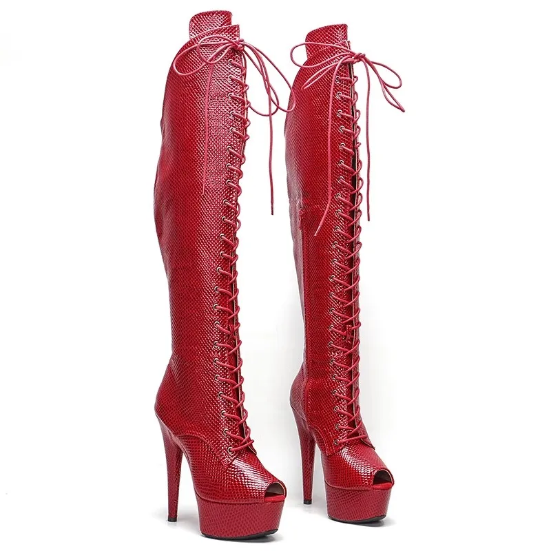 

Women 15CM/6inches PU Upper Plating Platform Sexy High Heels Thigh High Boots Pole Dance Shoes 15-037