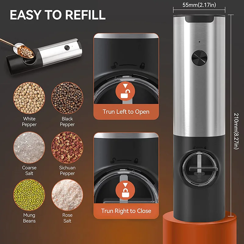 Electric Salt Grinder Set USB Rechargeable Electric Pepper Mill With LED Light Adjustable Coarseness Kitchen Tools Thanksgiving