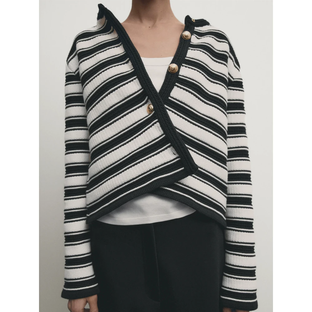 Cos Lris 2024 Autumn New Style Simple Black and White Striped Knitted Short Coat for Women 05660513800