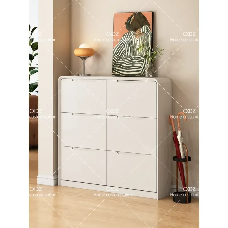 Solid Wood Ultra Thin Tipping Bucket Shoe Cabinet Household Door Small Apartment Space Saving Entrance Cabinet Integrated