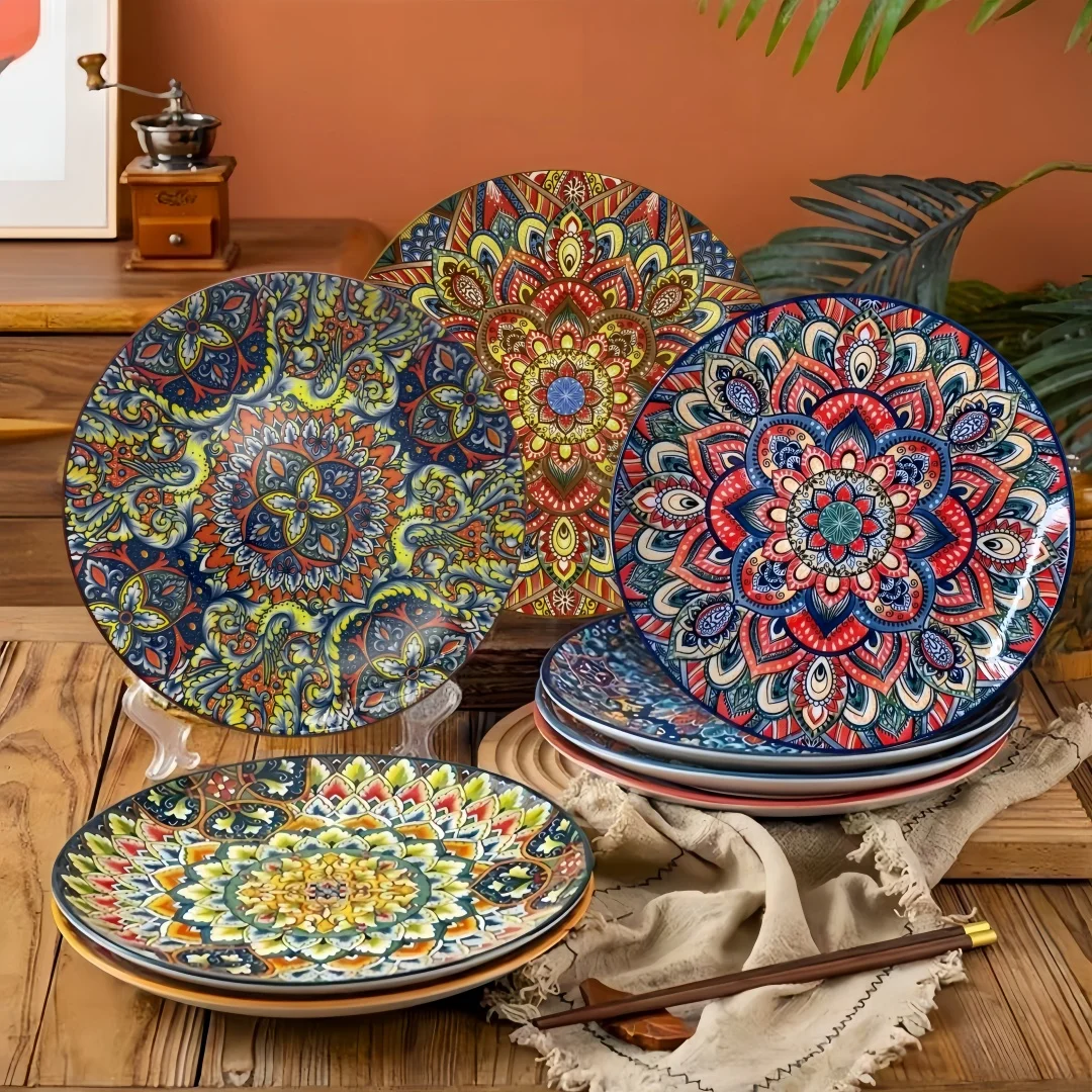 Bohemian-style Round Ceramic Plate Creative Shallow Plate High-end Exquisite Steak Plate 10-inch Pasta Plate