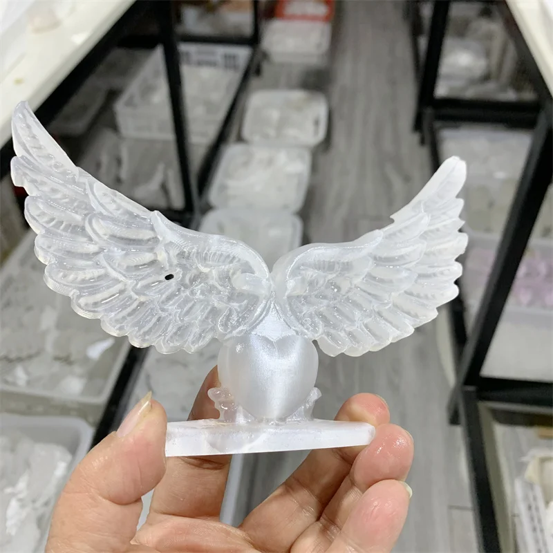 Beautiful Natural Selenite Angel Heart Wing Carved Sculpture Reiki Healing Energy Gemstone Crafts Home Decoration As Gift 1pcs