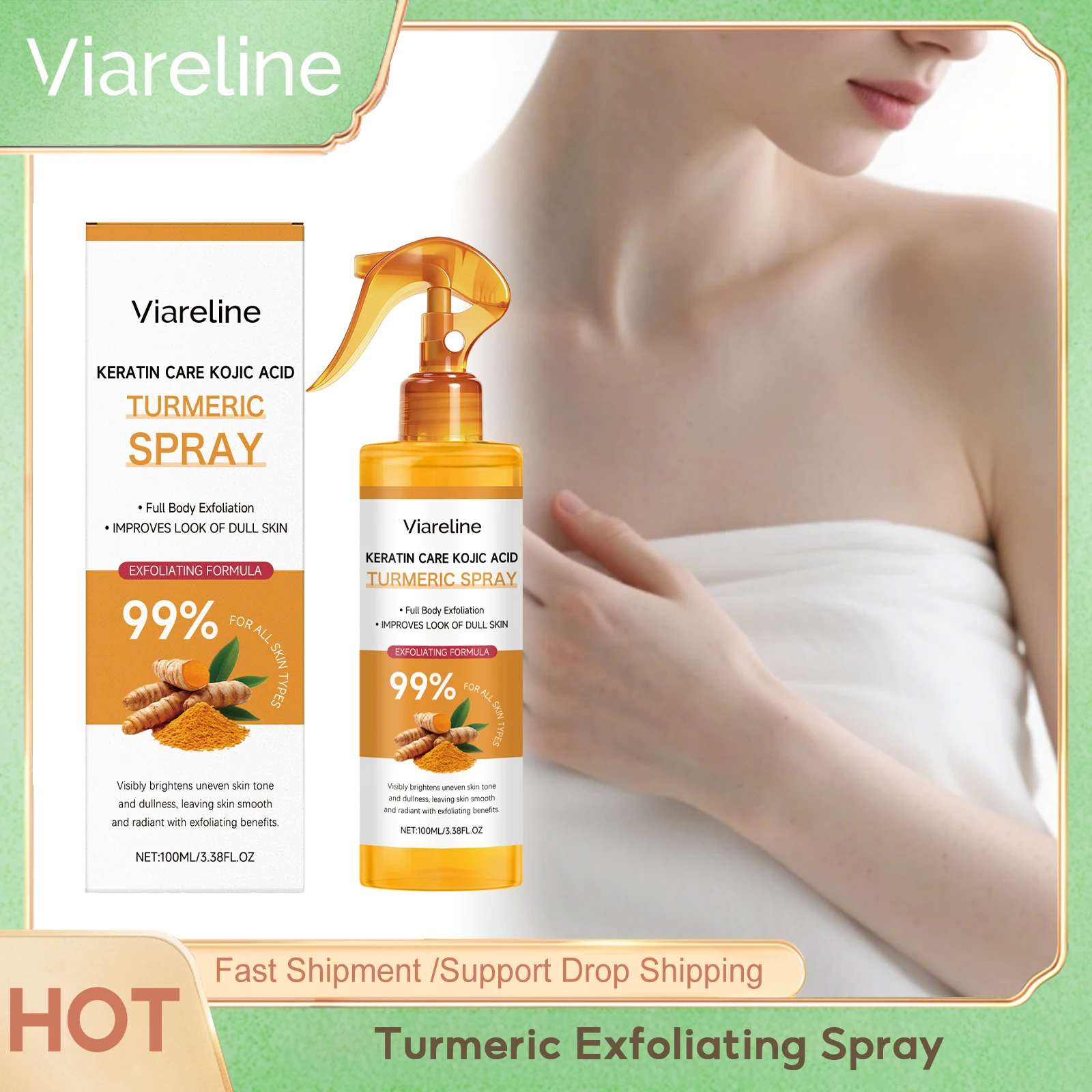 Viareline Turmeric Exfoliating Spray Shrink Pore Reduce Melanin Lasting Brighten Remove Dead Skin Oil Control Body Cleansing Oil
