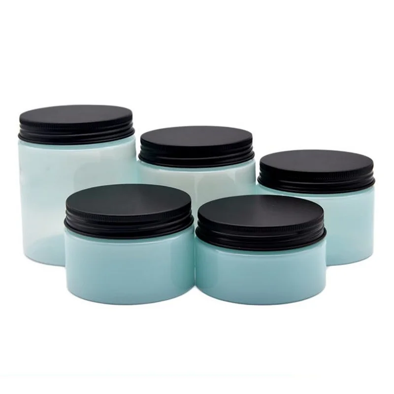 22Pcs Cosmetic Containers Cream Pots Black Aluminum Lid 100G 120G 150G 200G 250GEmpty Ligth Blue Plastic jars Wide Mouth Bottles