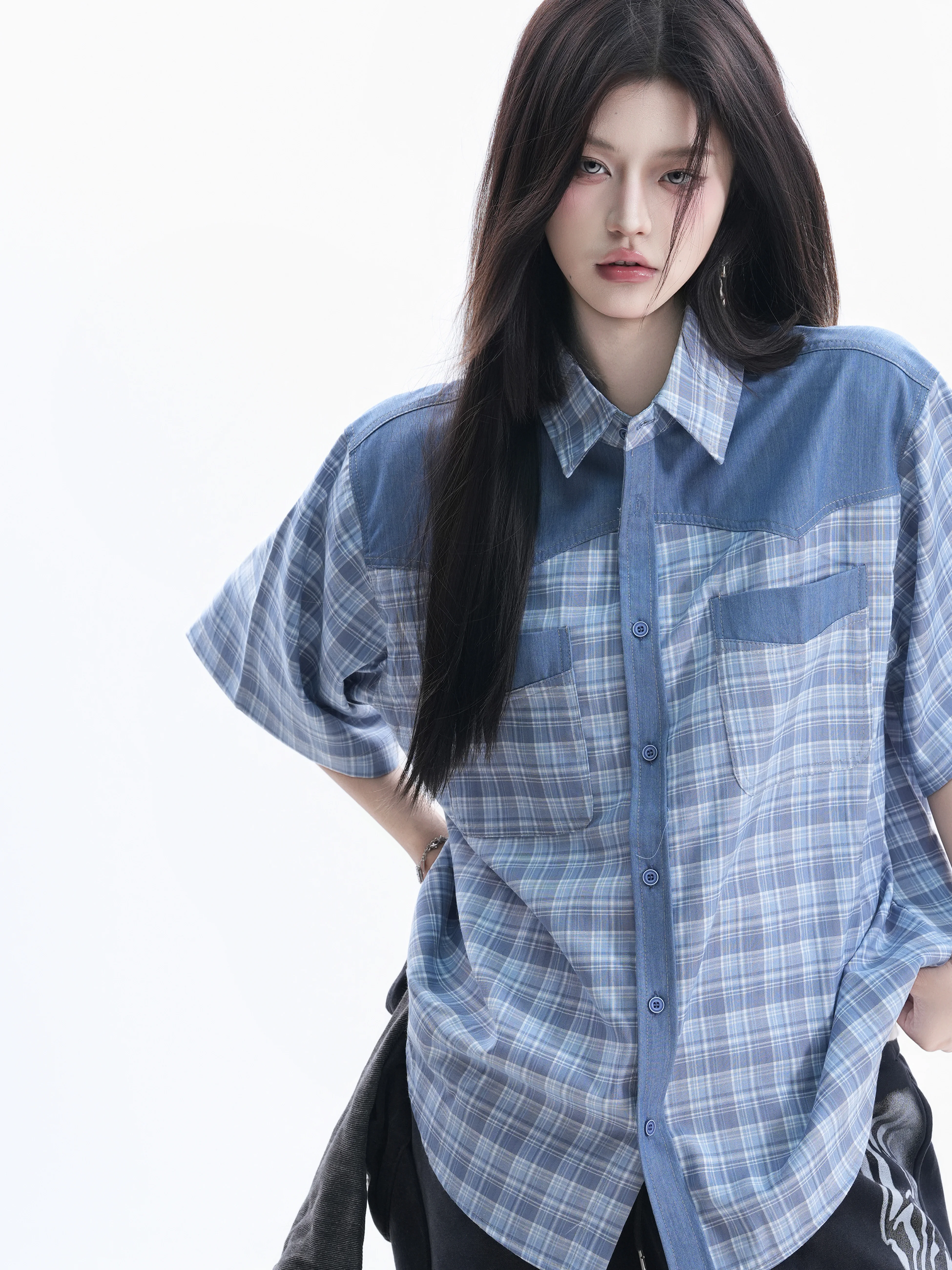 

American Style Loose Women's Plaid Shirt Short Sleeve Contrast Color Street Style Couple's Top Polyester Blend Comfortable
