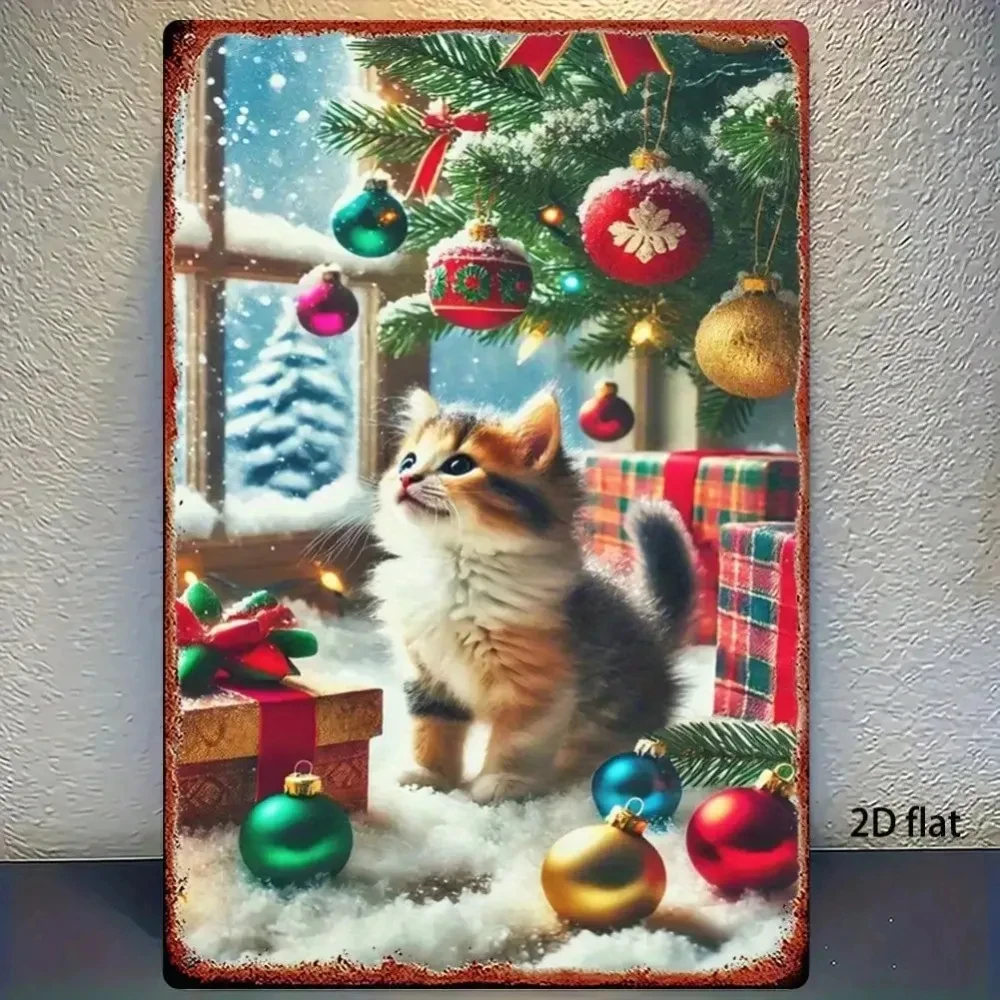 Vintage Christmas Kitten and Gift Metal Sign 8x12inch - Rustic Iron Wall Art, Suitable for Home, Farmhouse, and Cafe Decoration