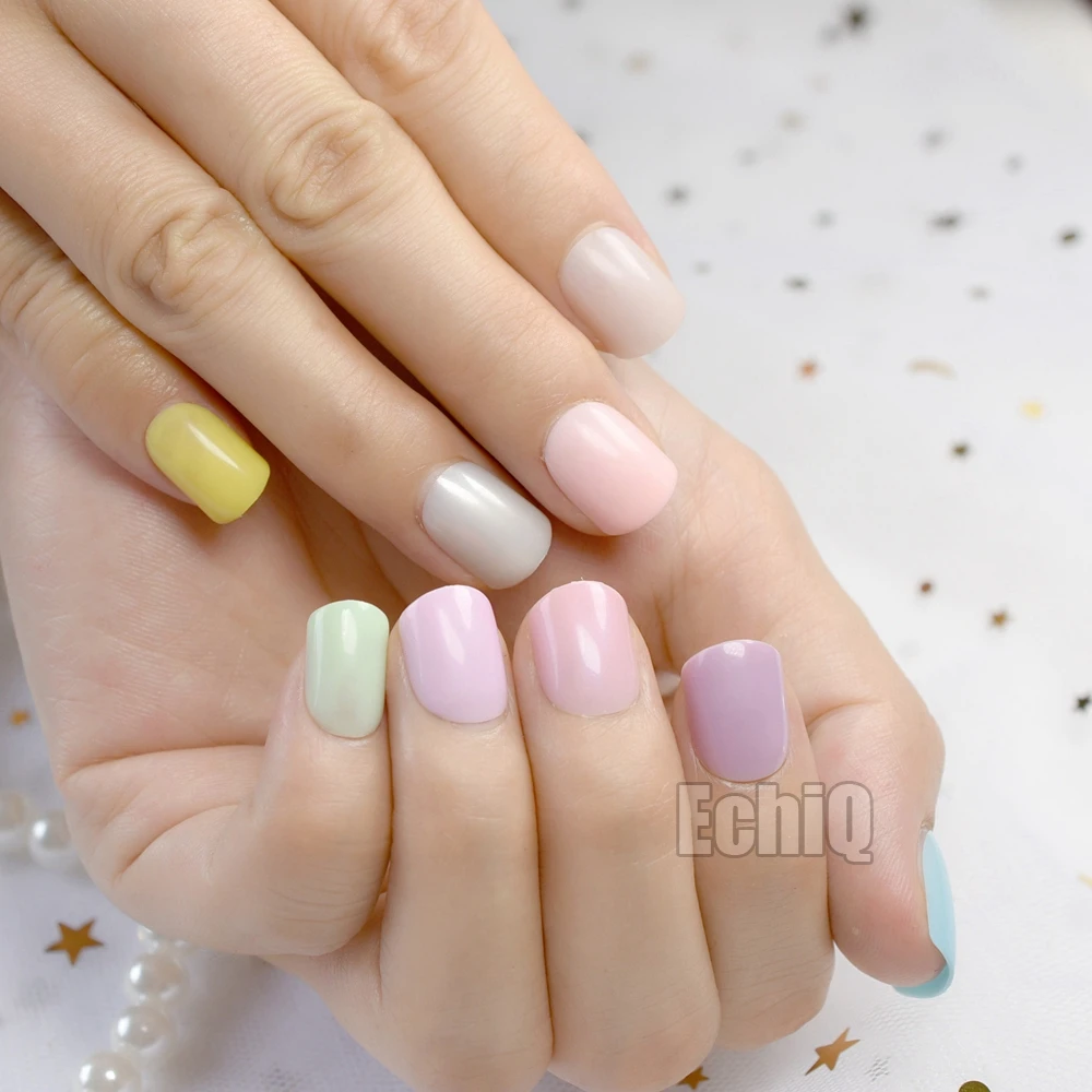 Fashion Carnival Candy Fake Nails Light Color Pink Purple Blue Acrylic Press on Nails 10 kits/lot Nail Art Wholesale