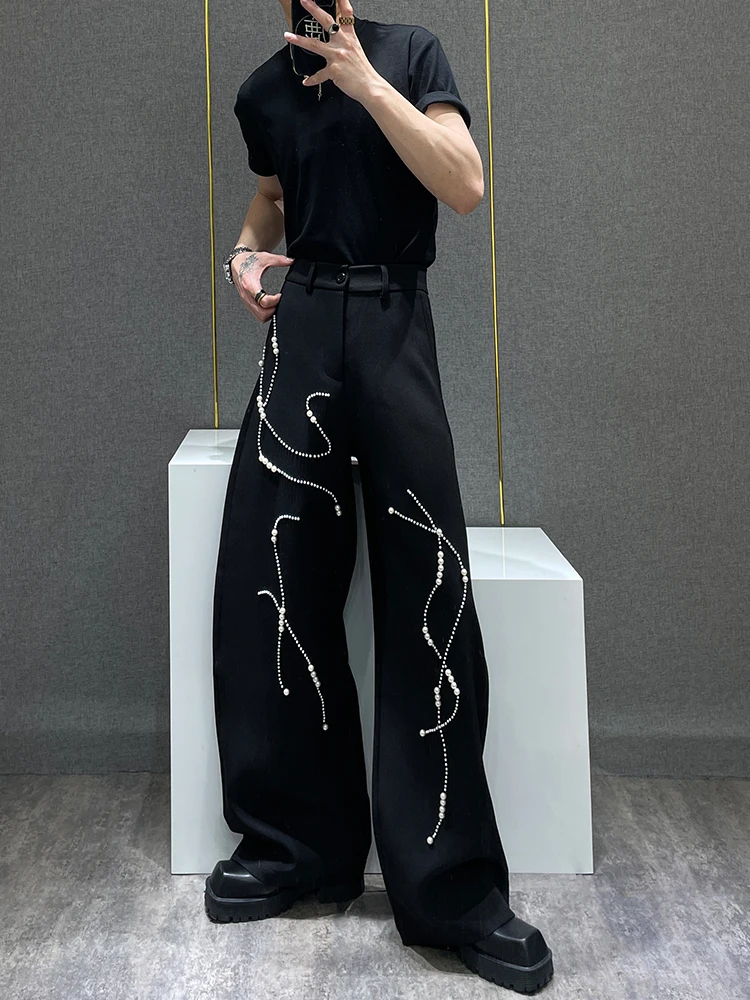 Swan Pearl Decorated Black Knife- Casual Pants Men's High-End Sensation American Retro Draping Long Trousers