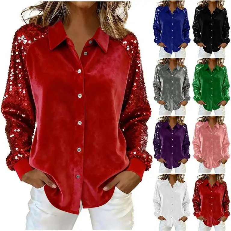 

Women's Oversized Velvet irt Long Sve Sequin Sve Patchwork Loose Top European Sle Polyester Fabric Winter Collection