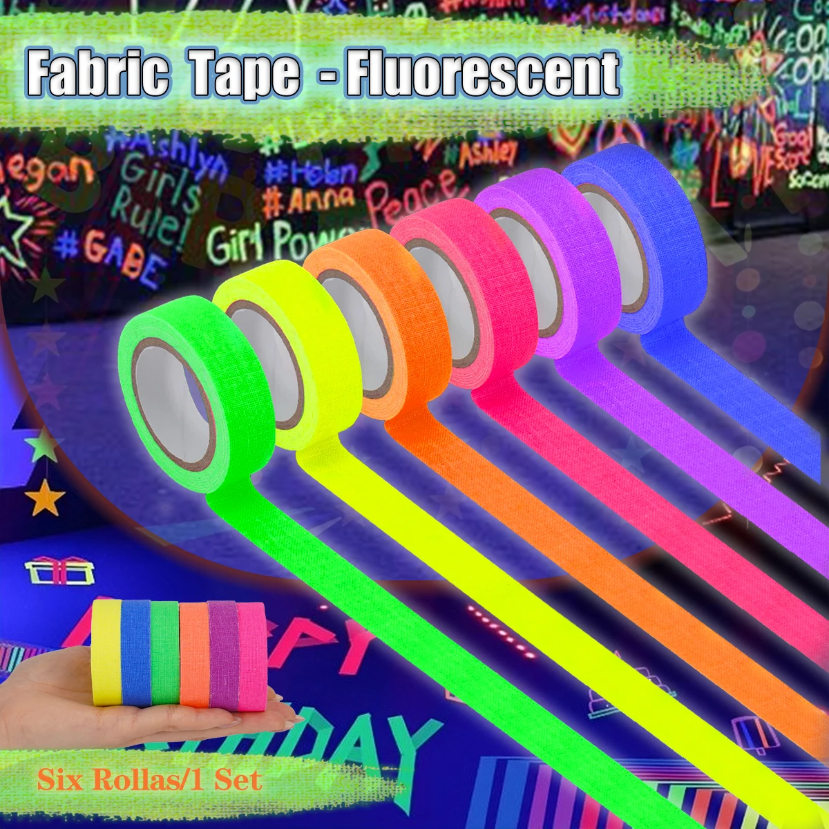 6Rolls UV colored fluorescent fabric tape luminous cloth tape safety warning neon ribbon stage wedding accessorie party supplie