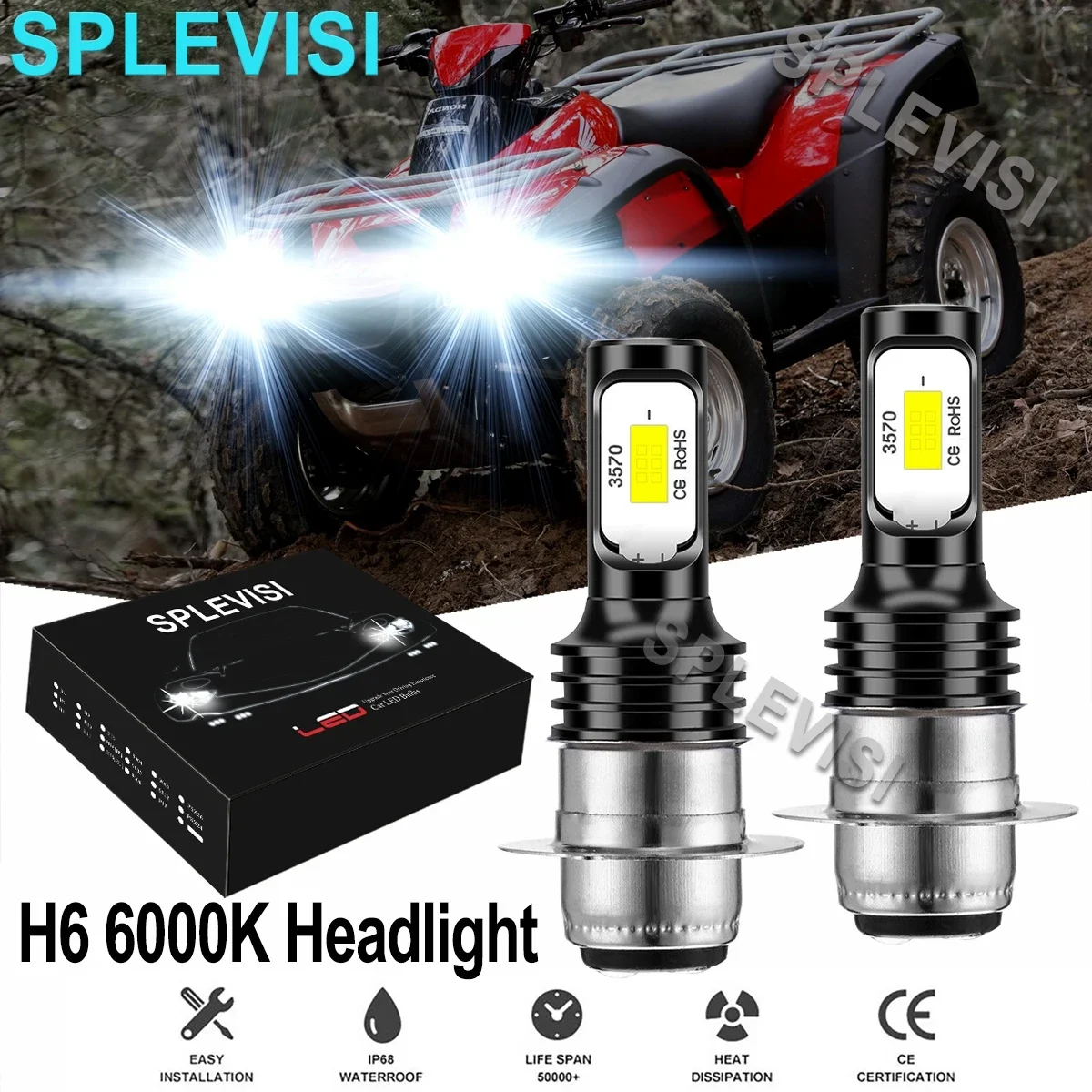 2x LED Motorcycle Headlight Bulbs 6000K Pure White  For Honda Pioneer 500 700 1000  2014 2015 2016 2017 2018  motorcycle led