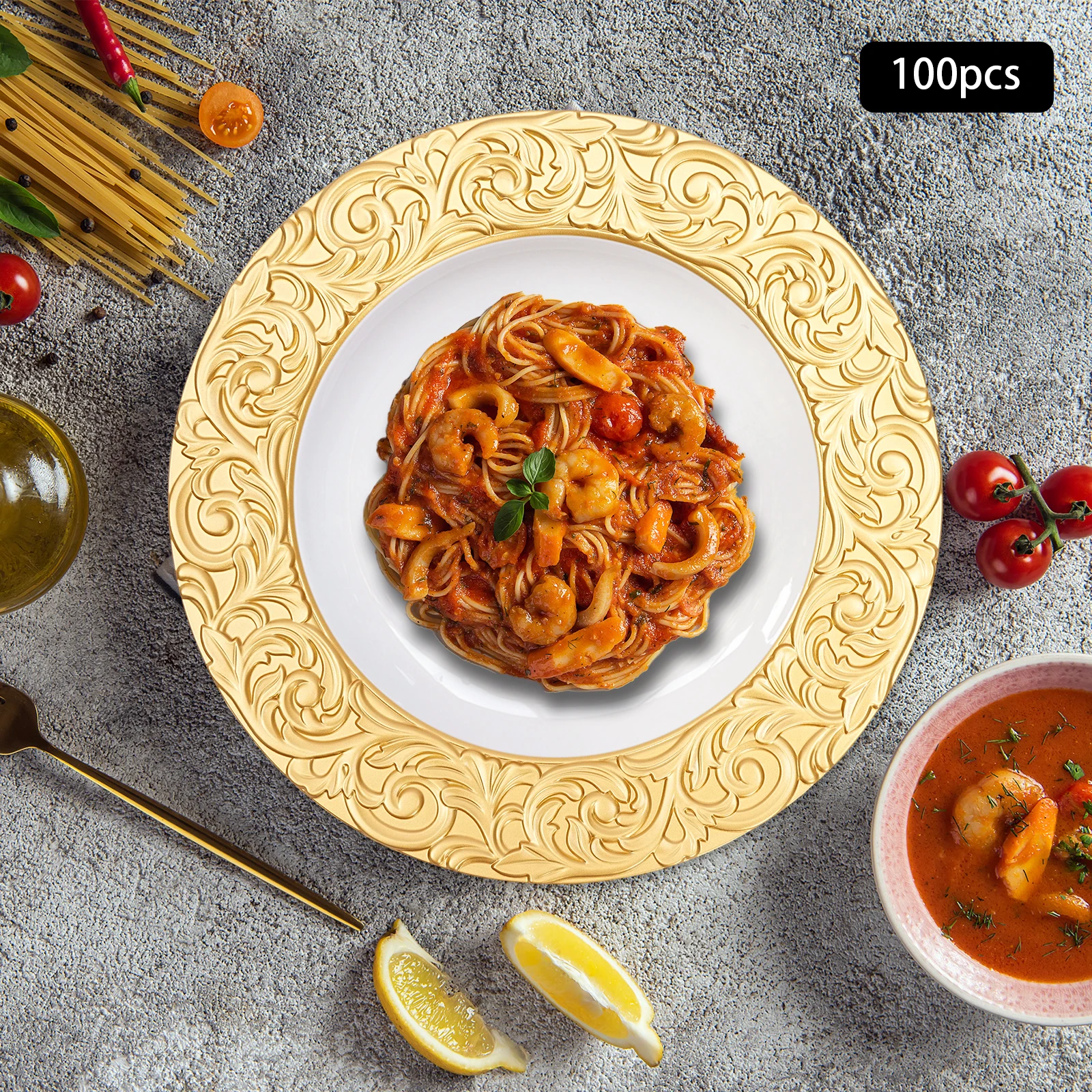 

100 тарелок для зарядного устройства, многоразовые сервировочные тарелки, круглые тарелки для зарядного устройства, для ресторана, вечеринок, свадеб, банкетов (33x2 см, золото)