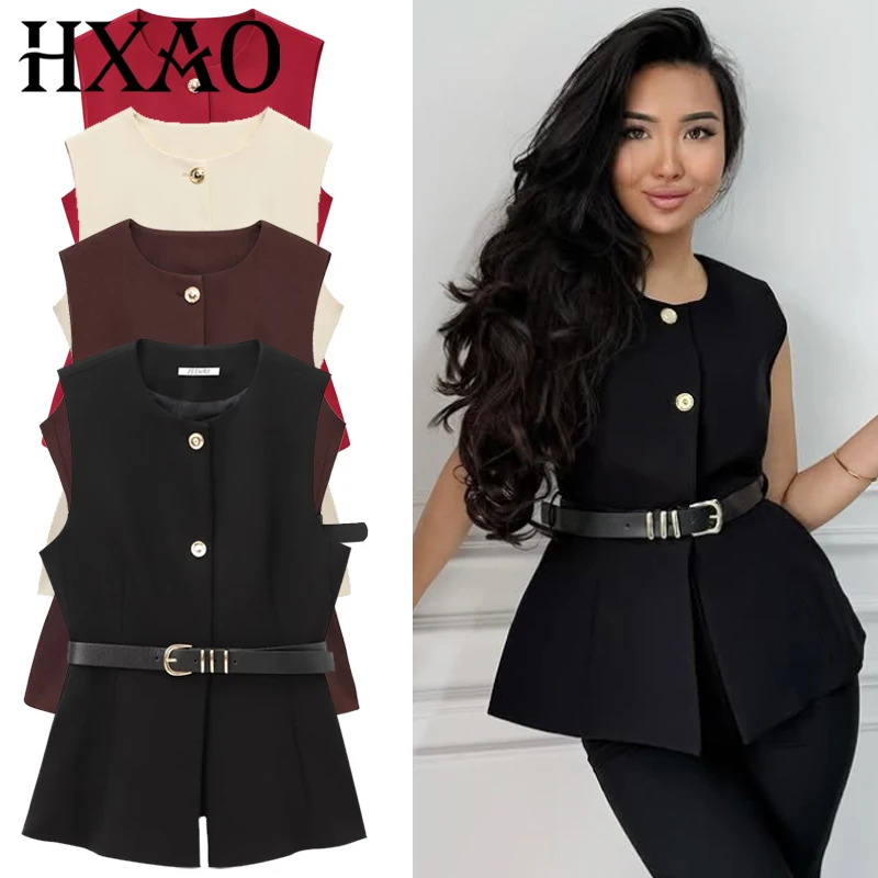 

HXAO 2025 Women's Vest Summer Brown Red Black Off White Vest Waistcoat Woman Button Belt Sleeveless Vest Women Elegant Outerwear