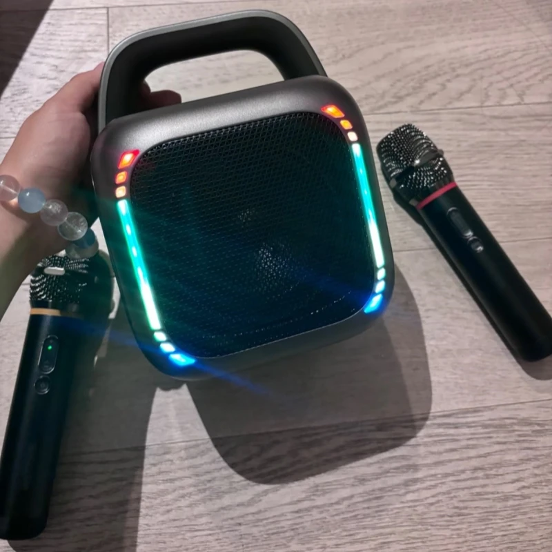 كاريوكي نظام محمول سمّاعات بلوتوث مع ميكروفون لاسلكي RGB مصباح مكبر صوت للحفلات TWS يدعم مساعدة الحفلات/USB/TF