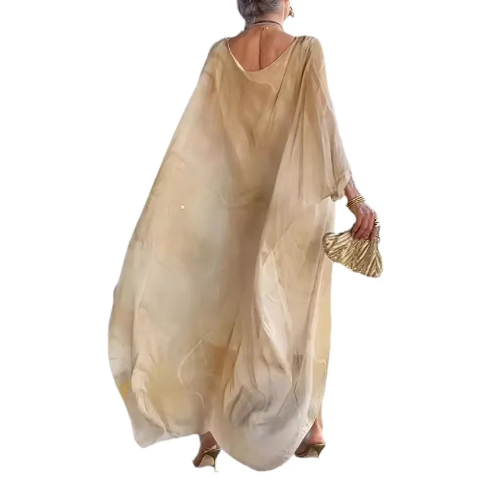 فستان نسائي لربيع وصيف 2025 جديد أنيق للتنقل من الشيفون مطبوع عليه نسيج رخامي وأكمام طويلة فساتين طويلة غير منتظمة