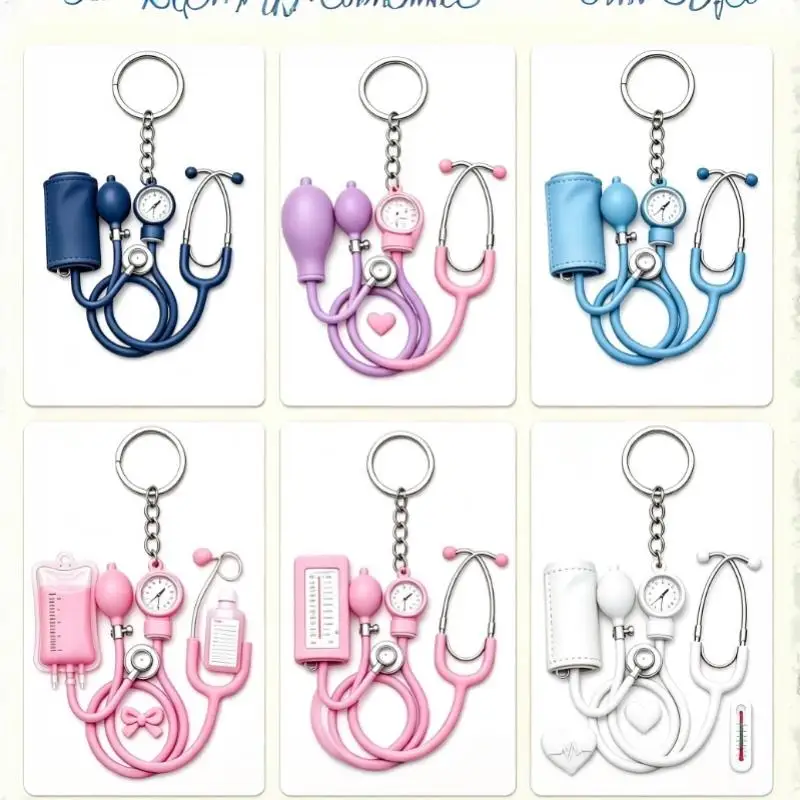 Stethoscope Keychain Mini 2D Flat Cute Cartoon Design Medical Nurse Backpack Charm Practical Thank You Gift for Clinic Staff