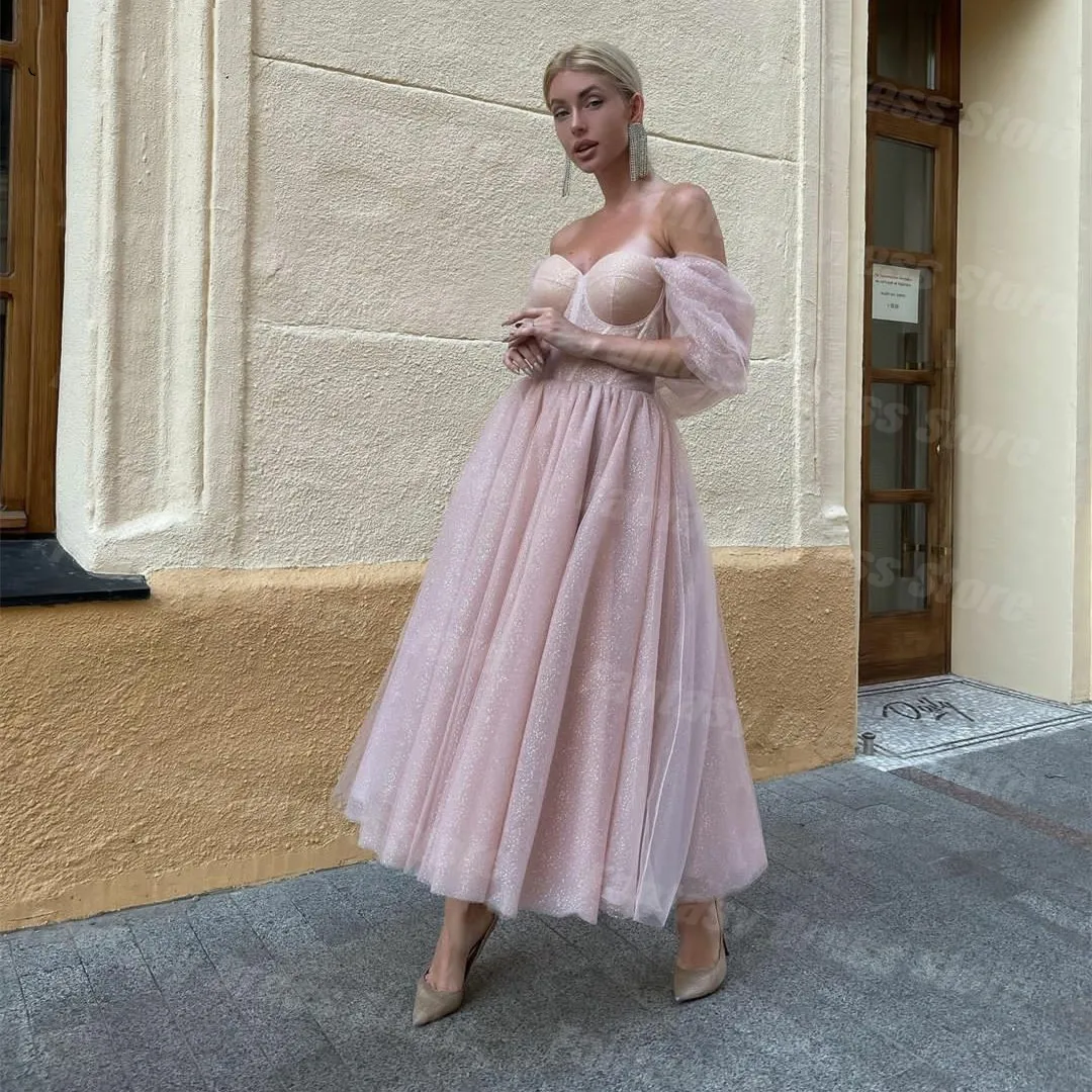 Charming Pink Birthday Prom Dress Off Shoulder Short Sleeve Sequin Side Split Sweetheart A-line Tulle Evening Dresses For Women