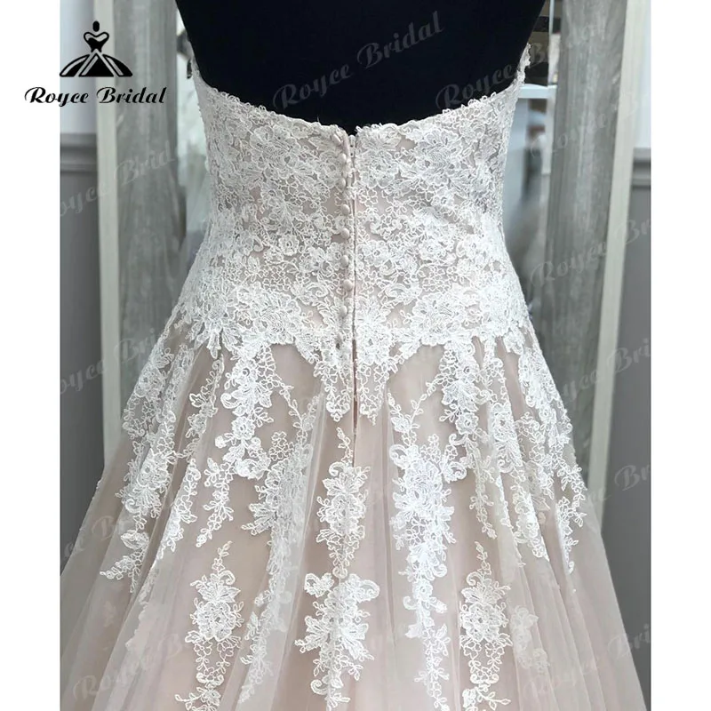 Vestido de novia elegante sukienka na wesele de talla grande, apliques de encaje, cola de barrido, champán, hombros descubiertos, línea A, escote Corazón, 2023