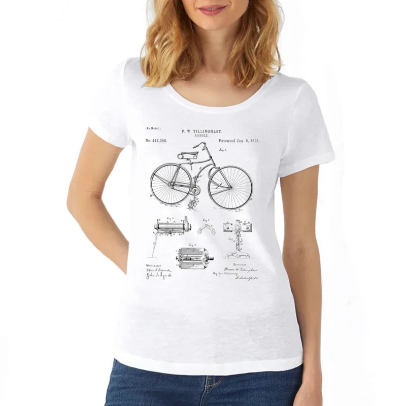 Vintage Classic T-Shirt for Women, Old Patent, Short Sleeve, Funny Cycling Art, Bike Sport Casual Tops, Girl Tee, Summer Fashion