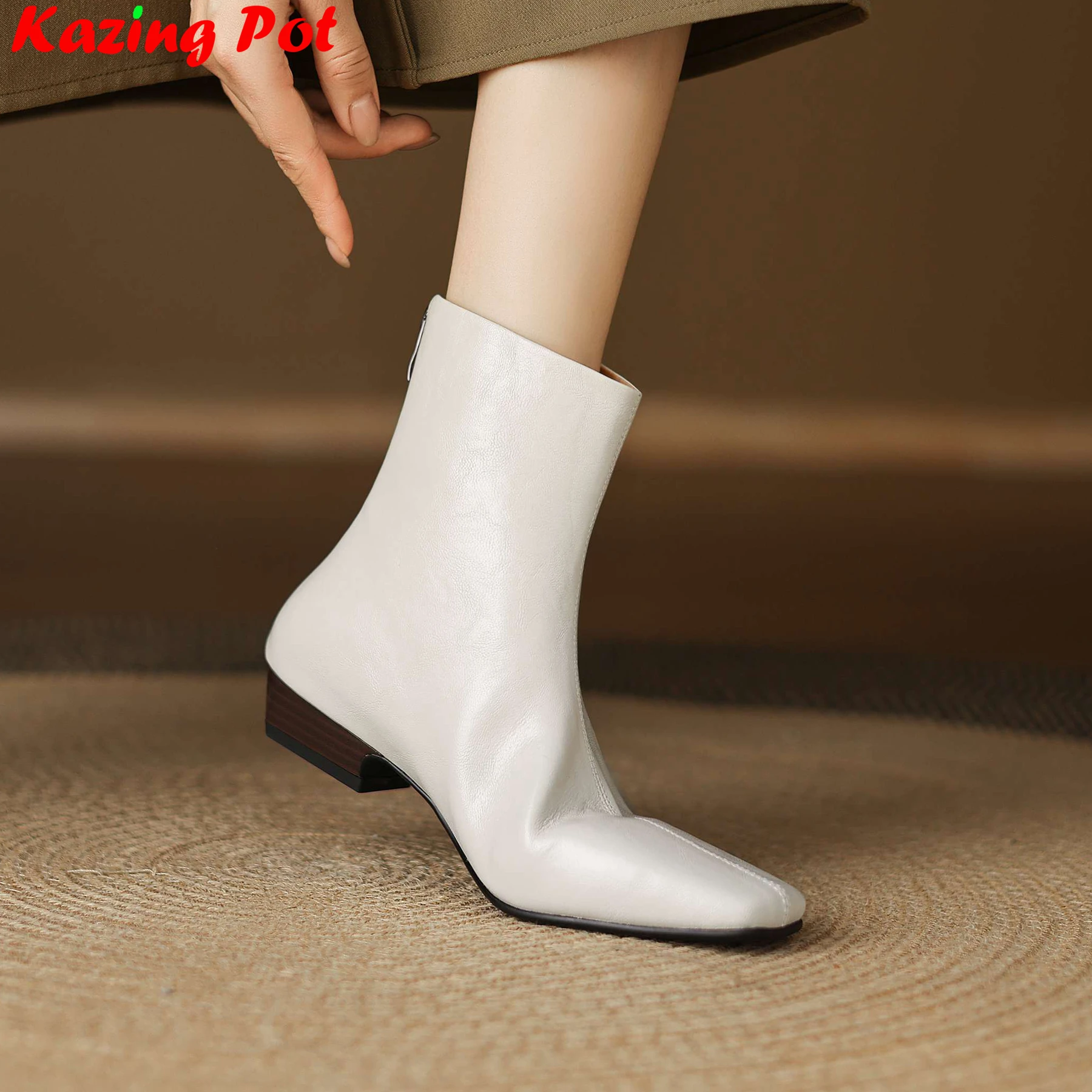 Cow Split Leather Square Toe Low Heels Zipper Modern Motorcycles Boots Warm Winter Shoes Dating Concise Party Solid Ankle Boots