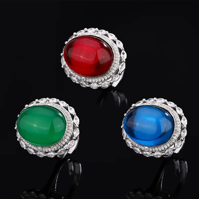 New High-end Jewelry Luxury Inlaid Pigeon Blood Red Corundum Blue Spinel Plain Retro Ring Main Stone 15*20