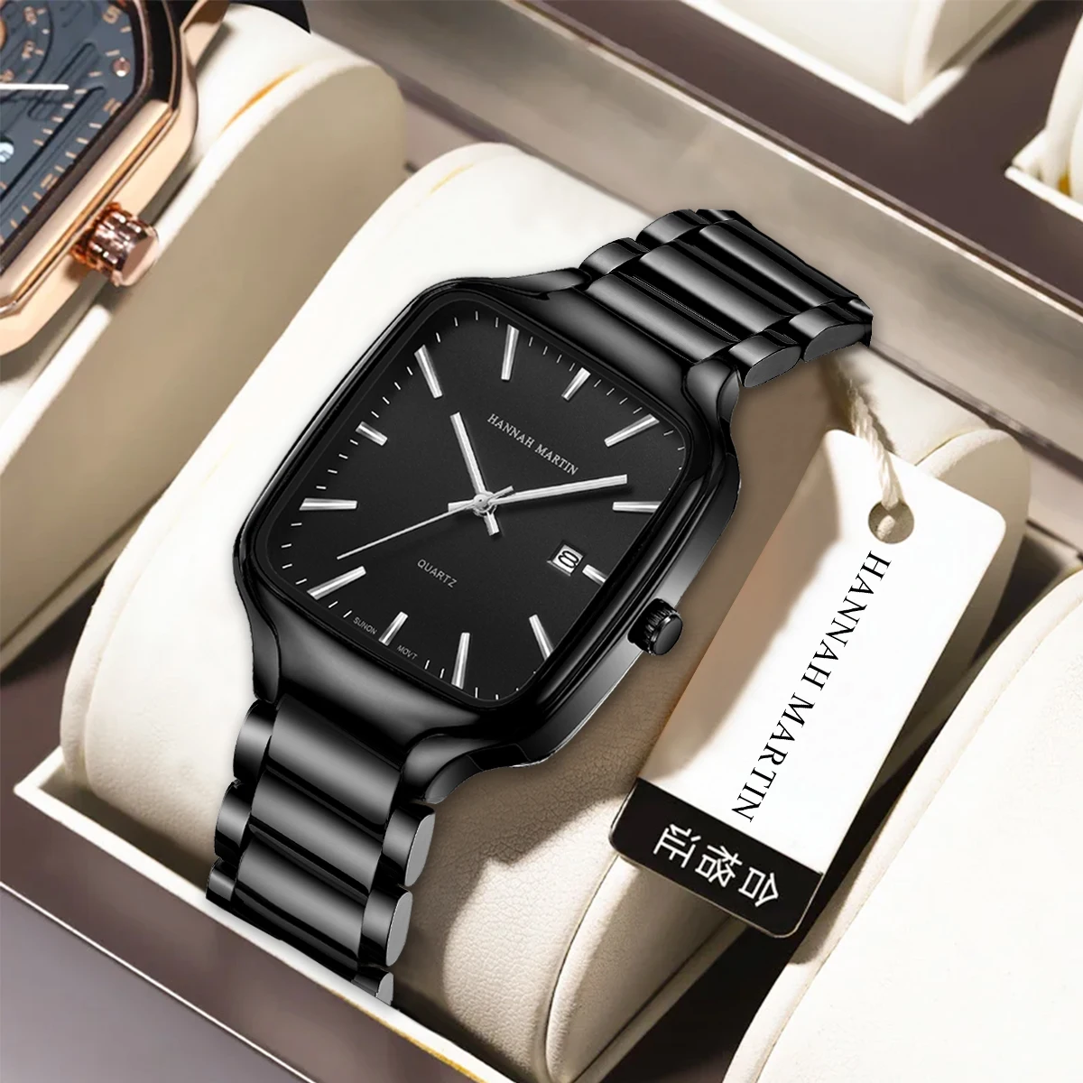هانا مارتن العلامة التجارية الرجال الساعات السوداء مربع الفولاذ المقاوم للصدأ حزام 3Bar مقاوم للماء حركة الكوارتز اليابانية ساعة رياضية للرجال