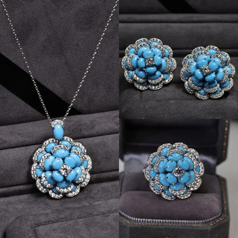 Bellux Synthetic Blue Turquoise Camellia Set 925 Silver Luxury Design Flower Ring Earrings Necklace Fashion Jewelry Set