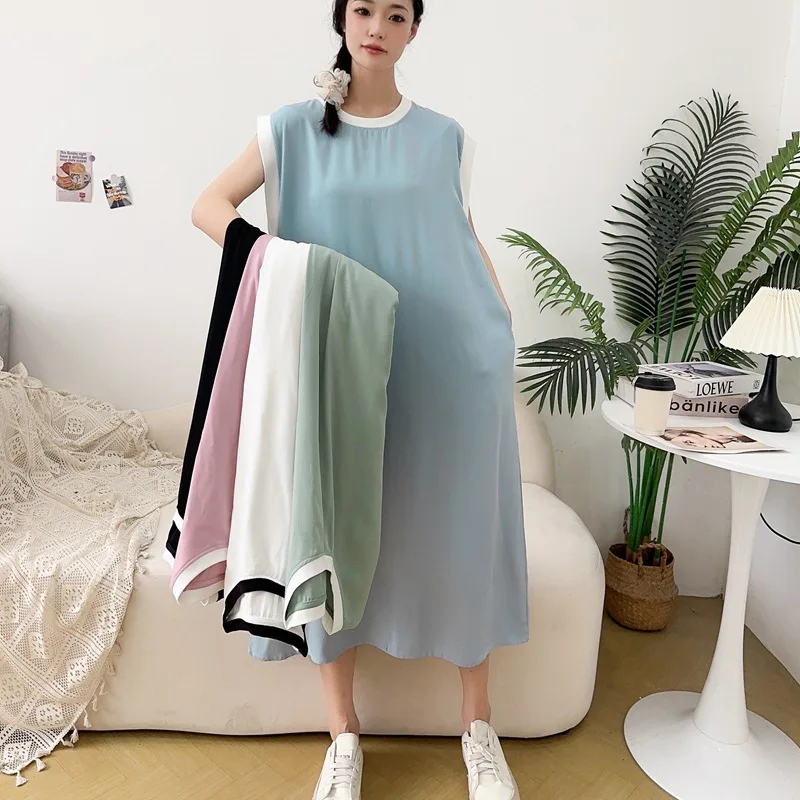 Color-mix Beach dress  Rayon Blend Tank dress Loose sleepdress Comfort homewear nightdress all match