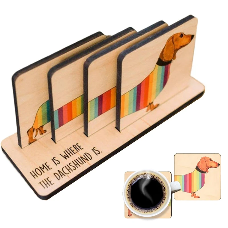 Set Of 4 Dachshund Coasters With Holder, Dachshund Dog Wood Coaster Set Dining Table Decor, Animal Themed Coasters