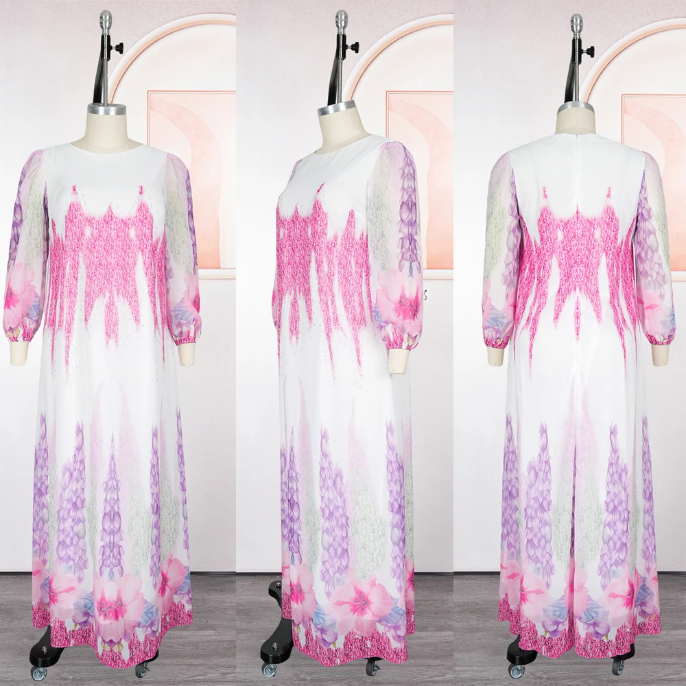 فساتين شيفون بأكمام طويلة للنساء للحفلات الراقصة فساتين سهرة أفريقية Dashiki ملابس منقوشة دبي تركيا عبايات قفطان إسلامية #4