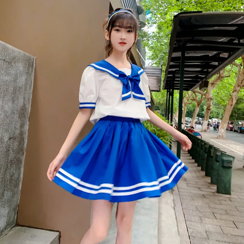 2023 Summer children set school striped teens Girl clothes JK Uniform Bow sailor Collar Blouse Shirt + solid blue Pleated Skirt