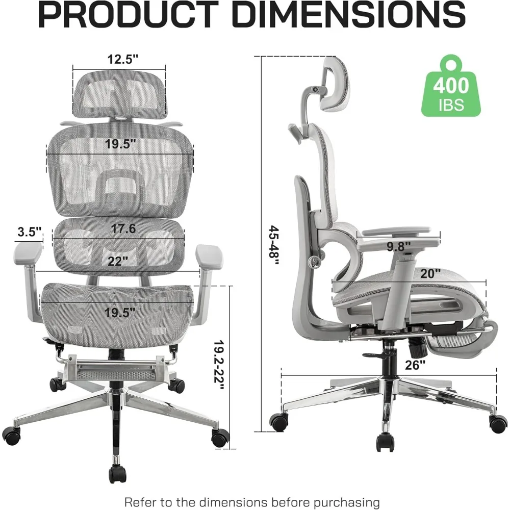 كرسي مكتب شبكي مريح مع مسند للقدمين، كرسي ألعاب شبكي عالي الظهر مع دعم قطني، مسند رأس قابل للتعديل ومساند للذراعين لـ h