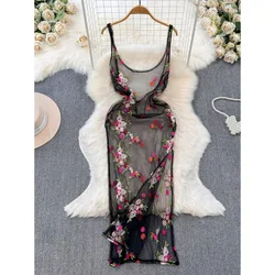 Holiday Vintage Elegant Heavy Industry Embroidered Mesh Dress Women New Summer Waist Slimming Slip Dress Vestidos De Mujer