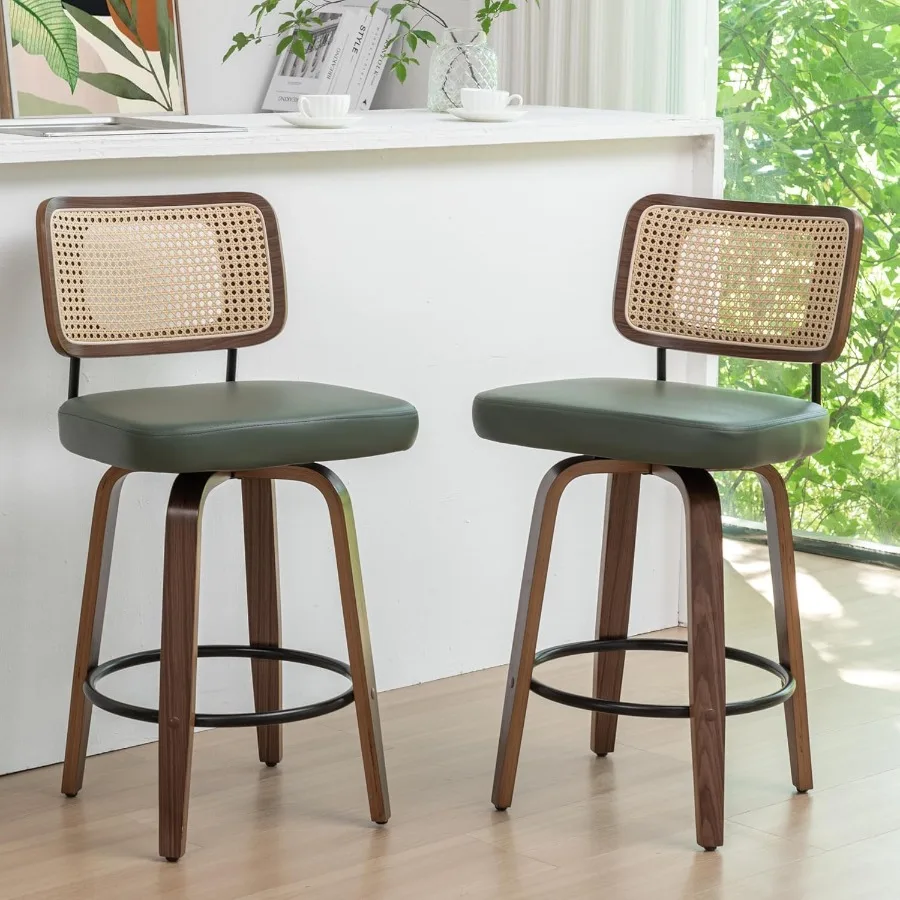 مجموعة من 2 مقاعد بارتفاع عداد 26.4 بوصة مقاعد ارتفاع عداد الروطان مع مقعد خلفي منجد مصنوع من خشب الجوز