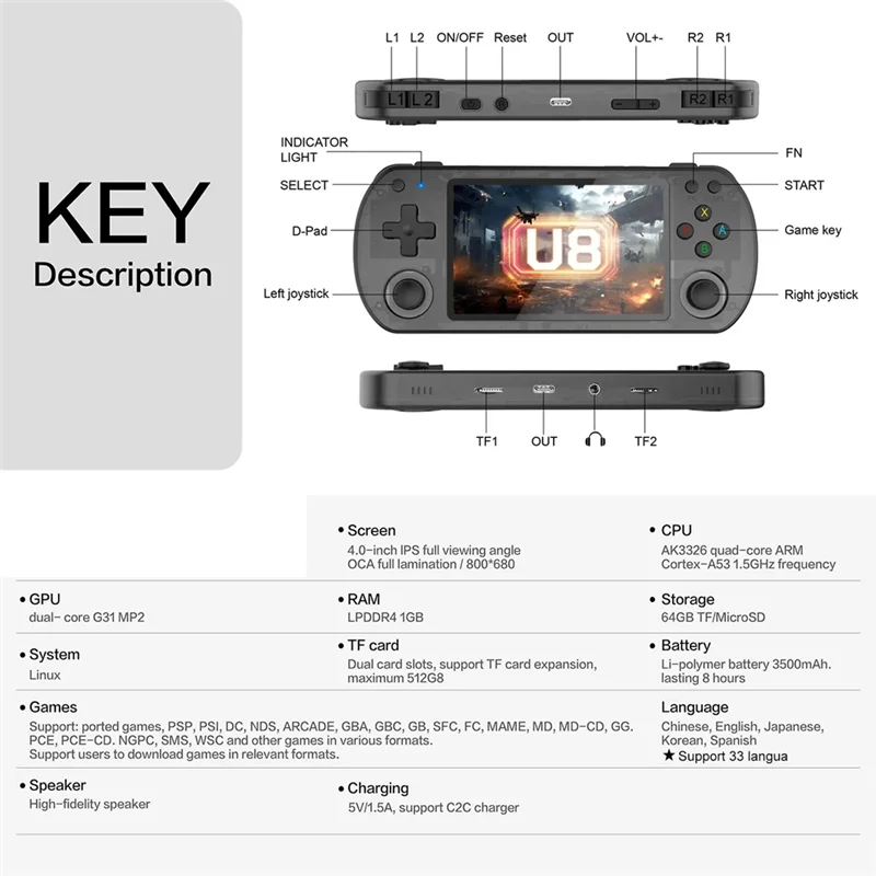 B04B-Neue U8 Retro Palm Spielkonsole Open Source Linux System Spielkonsole 4,0-Zoll PS Palm Telefon 128 GB
