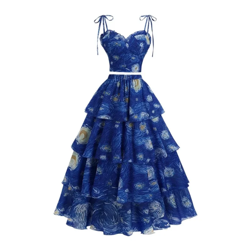 2026 New Streetwear Women Starry Sky Print 2 Piece Set Tie Spaghetti Strap Bustier Crop Top Tiered Ruffle Maxi Skirt Fairy Sets