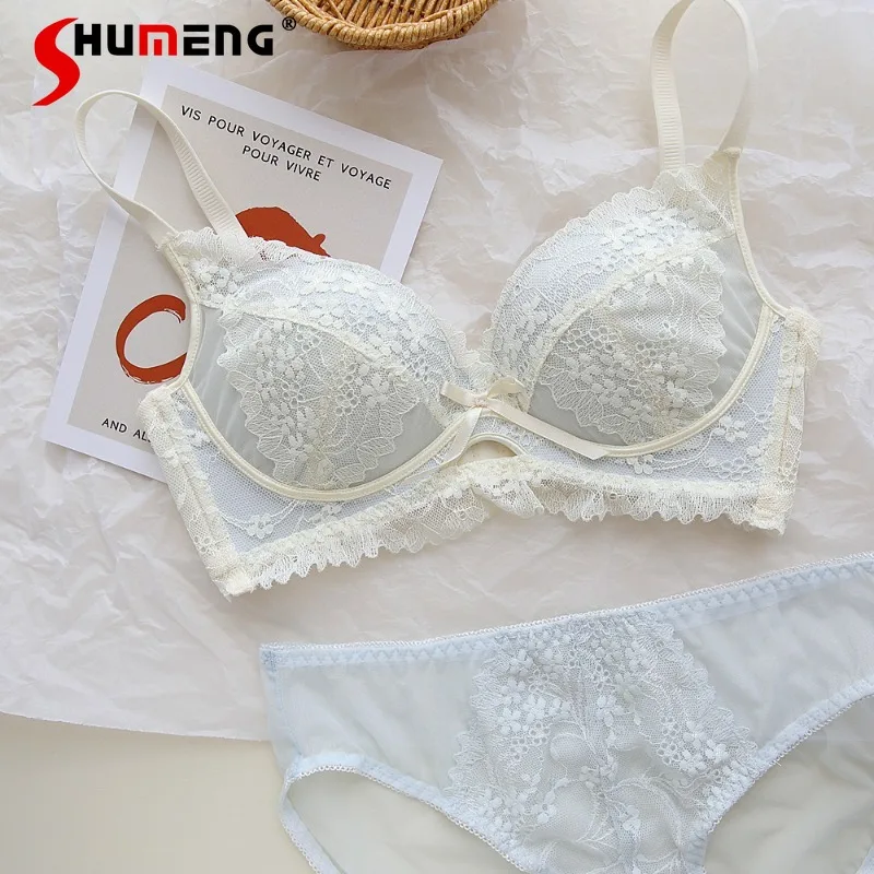 

Red Wireless Sexy Bra Set for Women Lace Sweet Pure Desire Small Chest Brief Suits Female Push Up Solid Intimates Outfits